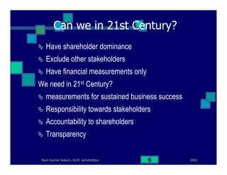 2003Ram Kumar Kakani, XLRI Jamshedpur 6
Can we in 21st Century?
Have shareholder dominance
Exclude other stakeholders
Have financial measurements only
We need in 21st Century?
measurements for sustained business success
Responsibility towards stakeholders
Accountability to shareholders
Transparency
 
