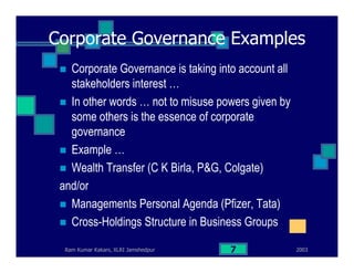 2003Ram Kumar Kakani, XLRI Jamshedpur 7
Corporate Governance Examples
Corporate Governance is taking into account all
stakeholders interest …
In other words … not to misuse powers given by
some others is the essence of corporate
governance
Example …
Wealth Transfer (C K Birla, P&G, Colgate)
and/or
Managements Personal Agenda (Pfizer, Tata)
Cross-Holdings Structure in Business Groups
 