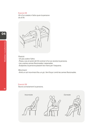 Exercici 29
                              Gir d’un costat a l’altre quan la persona
                              és al llit.




04
 Mobilitat i transferències




                              Posició:
                              -Un peu sobre l’altre.
                              -Poseu-vos al cantó del llit contrari d’on es recolza la persona.
                              -Les vostres cames flexionades i separades.
                              -Subjecteu la persona passant les mans per l’esquena.

                              Moviment:
                              -Amb un sol moviment feu un gir, fent força i amb les cames flexionades.




                              Exercici 30
                              Seure correctament la persona.
 36



                                      Incorrecte                                          Correcte
 