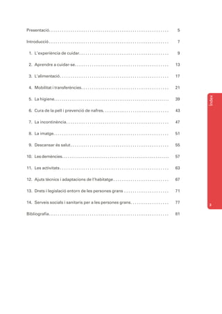 Presentació. . . . . . . . . . . . . . . . . . . . . . . . . . . . . . . . . . . . . . . . . . . . . . . . . . . . . . . .                5

Introducció . . . . . . . . . . . . . . . . . . . . . . . . . . . . . . . . . . . . . . . . . . . . . . . . . . . . . . . .               7

  1. L’experiència de cuidar. . . . . . . . . . . . . . . . . . . . . . . . . . . . . . . . . . . . . . . . . .                           9

  2. Aprendre a cuidar-se. . . . . . . . . . . . . . . . . . . . . . . . . . . . . . . . . . . . . . . . . . . .                         13

  3. L’alimentació. . . . . . . . . . . . . . . . . . . . . . . . . . . . . . . . . . . . . . . . . . . . . . . . . . .                  17

  4. Mobilitat i transferències. . . . . . . . . . . . . . . . . . . . . . . . . . . . . . . . . . . . . . . . .                         21




                                                                                                                                              Índex
  5. La higiene. . . . . . . . . . . . . . . . . . . . . . . . . . . . . . . . . . . . . . . . . . . . . . . . . . . . . . . . . . . .   39

  6. Cura de la pell i prevenció de nafres. . . . . . . . . . . . . . . . . . . . . . . . . . . . . . .                                  43

  7. La incontinència. . . . . . . . . . . . . . . . . . . . . . . . . . . . . . . . . . . . . . . . . . . . . . . .                     47

  8. La imatge. . . . . . . . . . . . . . . . . . . . . . . . . . . . . . . . . . . . . . . . . . . . . . . . . . . . . .                51

  9. Descansar és salut . . . . . . . . . . . . . . . . . . . . . . . . . . . . . . . . . . . . . . . . . . . . . .                      55

10. Les demències. . . . . . . . . . . . . . . . . . . . . . . . . . . . . . . . . . . . . . . . . . . . . . . . . . . . . . . .         57

11. Les activitats . . . . . . . . . . . . . . . . . . . . . . . . . . . . . . . . . . . . . . . . . . . . . . . . . . .                 63

12. Ajuts tècnics i adaptacions de l’habitatge . . . . . . . . . . . . . . . . . . . . . . . . . .                                       67

13. Drets i legislació entorn de les persones grans . . . . . . . . . . . . . . . . . . . . .                                            71

14. Serveis socials i sanitaris per a les persones grans. . . . . . . . . . . . . . . . . .                                              77
                                                                                                                                              3

Bibliografia. . . . . . . . . . . . . . . . . . . . . . . . . . . . . . . . . . . . . . . . . . . . . . . . . . . . . . . .              81
 