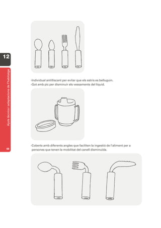 12
 Ajuts tècnics i adaptacions de l’habitatge




                                              -Individual antilliscant per evitar que els estris es belluguin.
                                              -Got amb pic per disminuir els vessaments del líquid.




                                              -Coberts amb diferents angles que faciliten la ingestió de l’aliment per a
 68                                            persones que tenen la mobilitat del canell disminuïda.
 