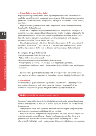 C. El guardador o guardadora de fet
                                                   El guardador o guardadora de fet és aquella persona física o jurídica que té
                                                   acollida, transitòriament, una persona que a causa de les seves circumstàncies
                                                   personals pot ser declarada incapacitada o subjecte a curatela (Codi de família,
                                                   art. 253).
                                                      El guardador o guardadora de fet ha de posar en coneixement al ministeri
                                                   fiscal del fet de l’acolliment.
                                                      «Si es tracta de persona que pot ésser declarada incapacitada o subjecta a
                                                   curatela, mentre no es constitueixi la curatela o tutela, el jutge o jutgessa ha de
13                                                 prendre les mesures necessàries per protegir la persona i els seus béns, fins i
                                                   tot, si ho estima convenient, designant un defensor judicial amb aquesta
                                                   finalitat concreta»(Codi de família, art. 254).
 Drets i legislació entorn de les persones grans




                                                      Quan la persona gran està al seu domicili, el guardador de fet passa a ser el
                                                   familiar o el cuidador. D’altra banda, si la persona es troba ingressada en un
                                                   centre, el guardador de fet serà el director o el responsable de la institució.

                                                   És obligació del guardador de fet:
                                                   -Notificar qualsevol incidència al jutge.
                                                   -Actuar en benefici del guardat.
                                                   -Administrar adequadament els béns de la persona.
                                                   -Proporcionar a la persona tot allò que és indispensable per al seu
                                                    manteniment: habitatge, vestit i assistència mèdica. S’hi inclouen les despeses
                                                    funeràries.

                                                     La situació de guarda de fet s’acaba amb la desaparició de les causes que la
                                                   van motivar: acolliment, constitució de tutela o curatela (Codi de família, art. 258).

                                                   D. L’autotutela
                                                   Volem destacar que dins el marc legal català actual la Llei 11/1996 fa possible
                                                   que qualsevol persona amb plena capacitat d’obrar, i en previsió de ser
                                                   declarada incapacitada, pugui designar i establir qui serà el seu tutor.
 74



                                                     13.4 Dret de família i de les relacions entre parents


                                                   Sempre s’ha considerat que la família és la institució social bàsica i la primera
                                                   cel·lula de la societat, és a dir, és el primer espai per millorar les condicions de
                                                   les persones.
                                                      Tota persona ha de tenir cobertes les seves necessitats per assegurar el seu
                                                   manteniment, habitatge, vestit i assistència mèdica.
                                                      Però en el cas que una persona no pugui cobrir les seves necessitats per ella
                                                   mateixa, aquesta tasca, l’hauran d’assumir altres persones. És a dir, si una
                                                   persona gran es troba en situació de fragilitat i no pot assegurar la seva
                                                   alimentació, habitatge, vestit i assistència mèdica, qui està obligat a prestar ajut
 