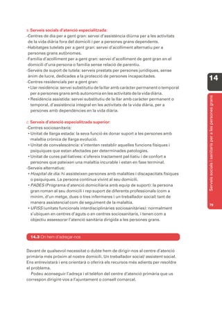 B. Serveis socials d’atenció especialitzada:
-Centres de dia per a gent gran: servei d’assistència diürna per a les activitats
 de la vida diària fora del domicili i per a persones grans dependents.
-Habitatges tutelats per a gent gran: servei d’acolliment alternatiu per a
 persones grans autònomes.
-Família d’acolliment per a gent gran: servei d’acolliment de gent gran en el
 domicili d’una persona o família sense relació de parentiu.
-Serveis de suport de tutela: serveis prestats per persones jurídiques, sense
 ànim de lucre, dedicades a la protecció de persones incapacitades.
-Centres residencials per a gent gran:
                                                                                      14
 • Llar residència: servei substitutiu de la llar amb caràcter permanent o temporal
   per a persones grans amb autonomia en les activitats de la vida diària.




                                                                                      Serveis socials i sanitaris per a les persones grans
 • Residència assistida: servei substitutiu de la llar amb caràcter permanent o
   temporal, d’assistència integral en les activitats de la vida diària, per a
   persones amb dependències en la vida diària.

C. Serveis d’atenció especialitzada superior:
-Centres sociosanitaris:
 • Unitat de llarga estada: la seva funció és donar suport a les persones amb
   malaltia crònica de llarga evolució.
 • Unitat de convalescència: s’intenten restablir aquelles funcions físiques i
   psíquiques que estan afectades per determinades patologies.
 • Unitat de cures pal·liatives: s’ofereix tractament pal·liatiu i de confort a
   persones que pateixen una malaltia incurable i estan en fase terminal.
-Serveis alternatius:
 • Hospital de dia: hi assisteixen persones amb malalties i discapacitats físiques
   o psíquiques. La persona continua vivint al seu domicili.
 • PADES (Programa d’atenció domiciliària amb equip de suport): la persona
   gran roman al seu domicili i rep suport de diferents professionals (com a
   mínim, d’un metge, dues o tres infermeres i un treballador social) tant de
   manera assistencial com de seguiment de la malaltia.
                                                                                      79
 • UFISS (unitats funcionals interdisciplinàries sociosanitàries): normalment
   s’ubiquen en centres d’aguts o en centres sociosanitaris, i tenen com a
   objectiu assessorar l’atenció sanitària dirigida a les persones grans.



  14.3 On hem d’adreçar-nos


Davant de qualsevol necessitat o dubte hem de dirigir-nos al centre d’atenció
primària més pròxim al nostre domicili. Un treballador social/ assistent social.
Ens entrevistarà i ens orientarà o oferirà els recursos més adients per resoldre
el problema.
   Podeu aconseguir l’adreça i el telèfon del centre d’atenció primària que us
correspon dirigint-vos a l’ajuntament o consell comarcal.
 