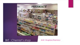 BrE : Chemist’s shop AmE : Drugstore,Pharmacy
 