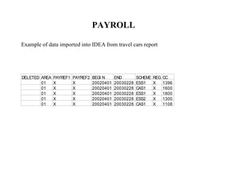 PAYROLL
Example of data imported into IDEA from travel cars report
DELETED AREA PAYREF1 PAYREF2 BEGI N END SCHEME REG CC
01 X X 20020401 20030228 ESS1 X 1396
01 X X 20020401 20030228 CAS1 X 1600
01 X X 20020401 20030228 ESS1 X 1800
01 X X 20020401 20030228 ESS2 X 1300
01 X X 20020401 20030228 CAS1 X 1108
 