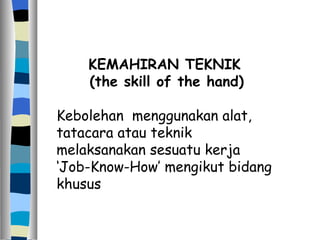 KEMAHIRAN TEKNIK (the skill of the hand) Kebolehan  menggunakan alat, tatacara atau teknik melaksanakan sesuatu kerja ‘Job-Know-How’ mengikut bidang khusus 