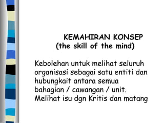 KEMAHIRAN KONSEP (the skill of the mind) Kebolehan untuk melihat seluruh organisasi sebagai satu entiti dan hubungkait antara semua bahagian / cawangan / unit. Melihat isu dgn Kritis dan matang 