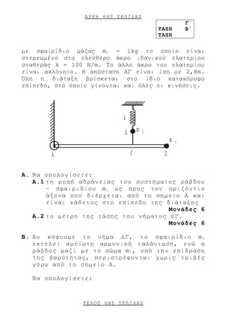 ΑΡΧΗ 6 ΗΣ ΣΕΛΙΔΑΣ
                                                         Γ΄
                                            ΤΑΞΗ         Β΄
                                            ΤΑΞΗ


με σφαιρίδιο μάζας m2 = 1kg το οποίο είναι
στερεωμένο στο ελεύθερο άκρο ιδανικού ελατηρίου
σταθεράς k = 100 N/m. Το άλλο άκρο του ελατηρίου
είναι ακλόνητο. Η απόσταση ΑΓ είναι ίση με 2,8m.
Όλη η διάταξη βρίσκεται στο ίδιο κατακόρυφο
επίπεδο, στο οποίο γίνονται και όλες οι κινήσεις.




                            k
                            Δ       m   2

                                                 m   1


        Α                       Γ            Ζ

Α. Να υπολογίσετε:
   Α.1 τη ροπή αδράνειας του συστήματος ράβδου
       – σφαιριδίου m 1 ως προς τον οριζόντιο
       άξονα που διέρχεται από το σημείο Α και
       είναι κάθετος στο επίπεδο της διάταξης
                                      Μονάδες 6
   Α.2 το μέτρο της τάσης του νήματος ΔΓ.
                                      Μονάδες 6

Β. Αν κόψουμε το νήμα ΔΓ, το σφαιρίδιο m 2
   εκτελεί αμείωτη αρμονική ταλάντωση, ενώ η
   ράβδος μαζί με το σώμα m 1 , υπό την επίδραση
   της βαρύτητας, περιστρέφoνται χωρίς τριβές
   γύρω από το σημείο Α.

  Να υπολογίσετε:



                ΤΕΛΟΣ 6 ΗΣ ΣΕΛΙΔΑΣ
 