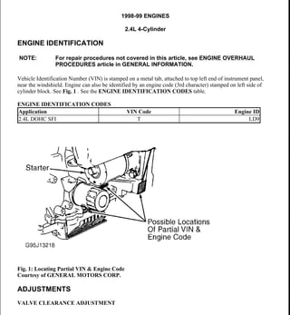 1998-99 ENGINES
2.4L 4-Cylinder
ENGINE IDENTIFICATION
Vehicle Identification Number (VIN) is stamped on a metal tab, attached to top left end of instrument panel,
near the windshield. Engine can also be identified by an engine code (3rd character) stamped on left side of
cylinder block. See Fig. 1 . See the ENGINE IDENTIFICATION CODES table.
ENGINE IDENTIFICATION CODES
Fig. 1: Locating Partial VIN & Engine Code
Courtesy of GENERAL MOTORS CORP.
ADJUSTMENTS
VALVE CLEARANCE ADJUSTMENT
NOTE: For repair procedures not covered in this article, see ENGINE OVERHAUL
PROCEDURES article in GENERAL INFORMATION.
Application VIN Code Engine ID
2.4L DOHC SFI T LD9
1999 Pontiac Grand Am GT
1998-99 ENGINES 2.4L 4-Cylinder
1999 Pontiac Grand Am GT
1998-99 ENGINES 2.4L 4-Cylinder
me
Wednesday, May 20, 2009 9:20:38 AM Page 1 © 2005 Mitchell Repair Information Company, LLC.
me
Wednesday, May 20, 2009 9:21:20 AM Page 1 © 2005 Mitchell Repair Information Company, LLC.
 