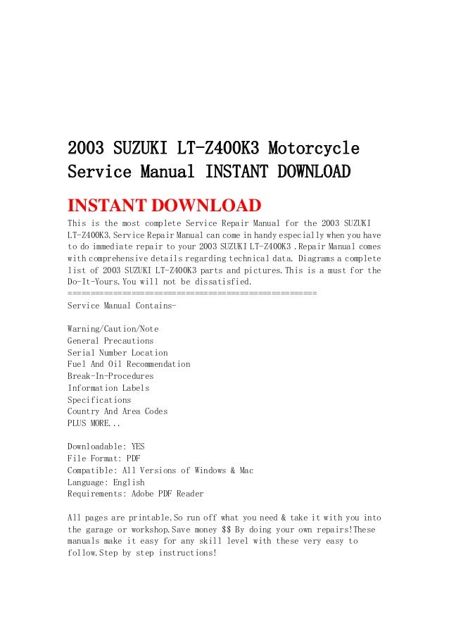 2003 suzuki lt z400 k3 motorcycle service manual instant download