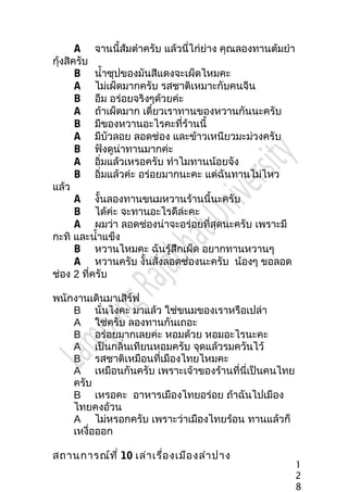 A จานนี้ส้มตำาครับ แล้วนี่ไก่ย่าง คุณลองทานต้มยำา
กุ้งสิครับ
B นำ้าซุปของมันสีแดงจะเผ็ดไหมคะ
A ไม่เผ็ดมากครับ รสชาติเหมาะกับคนจีน
B อืม อร่อยจริงๆด้วยค่ะ
A ถ้าเผ็ดมาก เดี๋ยวเราทานของหวานกันนะครับ
B มีของหวานอะไรคะที่ร้านนี้
A มีบัวลอย ลอดช่อง และข้าวเหนียวมะม่วงครับ
B ฟังดูน่าทานมากค่ะ
A อิ่มแล้วเหรอครับ ทำาไมทานน้อยจัง
B อิ่มแล้วค่ะ อร่อยมากนะคะ แต่ฉันทานไม่ไหว
แล้ว
A งั้นลองทานขนมหวานร้านนี้นะครับ
B ได้ค่ะ จะทานอะไรดีล่ะคะ
A ผมว่า ลอดช่องน่าจะอร่อยที่สุดนะครับ เพราะมี
กะทิ และนำ้าแข็ง
B หวานไหมคะ ฉันรู้สึกเผ็ด อยากทานหวานๆ
A หวานครับ งั้นสั่งลอดช่องนะครับ น้องๆ ขอลอด
ช่อง 2 ที่ครับ
พนักงานเดินมาเสิร์ฟ
B นั่นไงคะ มาแล้ว ใช่ขนมของเราหรือเปล่า
A ใช่ครับ ลองทานกันเถอะ
B อร่อยมากเลยค่ะ หอมด้วย หอมอะไรนะคะ
A เป็นกลิ่นเทียนหอมครับ จุดแล้วรมควันไว้
B รสชาติเหมือนที่เมืองไทยไหมคะ
A เหมือนกันครับ เพราะเจ้าของร้านที่นี่เป็นคนไทย
ครับ
B เหรอคะ อาหารเมืองไทยอร่อย ถ้าฉันไปเมือง
ไทยคงอ้วน
A ไม่หรอกครับ เพราะว่าเมืองไทยร้อน ทานแล้วก็
เหงื่อออก
สถานการณ์ที่ 10 เล่าเรื่องเมืองลำาปาง
1
2
8
 