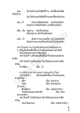 และ ฉันไปอ่ำนหนังสือที่ร้ำน ฉันซื้อหนังสือ
กลับบ้ำน
ฉันไปอ่ำนหนังสือที่ร้ำนและซื้อกลับบ้ำน
พอ...ก็ พระอำทิตย์ตกดิน นกบินกลับรัง
พอพระอำทิตย์ตกดิน นกก็บินกลับรัง
เมื่อ...จึง ครูถำม นักเรียนตอบ
เมื่อครูถำม นักเรียนจึงตอบ
แล้ว...ก็ ฉันทำำรำยงำนเสร็จ ฉันไปเล่นกีฬำ
ฉันทำำรำยงำนเสร็จแล้วฉันก็ไปเล่นกีฬำ
ประโยคควำมรวมซับซ้อนแบบคล้อยตำม
1. เมื่อเด็กน้อยตื่นขึ้นมำในห้องนอนตำมลำำพังก็
ร้องไห้ออกมำอย่ำงเสียขวัญ
ประโยคที่ 1เด็กน้อยตื่นขึ้นมำในห้องนอนตำม
ลำำพัง
ประโยคที่ 2(เด็กน้อย) ร้องไห้ออกมำอย่ำงเสีย
ขวัญ
คำำเชื่อม เมื่อ...ก็
กำรพิจำรณำส่วนขยำยของประโยค
ประโยคที่ 1 เด็กน้อยตื่นขึ้นมำในห้องนอน
ตำมลำำพัง
เด็ก เป็น ประธำน
น้อย เป็น ส่วนขยำย
ประธำน
ตื่นขึ้นมำ เป็น กลุ่มคำำกริยำ
ในห้องนอนตำมลำำพัง เป็น ส่วน
ขยำยกริยำ
ประโยคที่ 2(เด็กน้อย) ร้องไห้ออกมำอย่ำงเสีย
ขวัญ
ร้องไห้ออกมำ เป็น กลุ่มคำำกริยำ
8
9
 