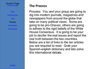 The Process Student Page Title Introduction Task Process Evaluation Conclusion Credits [ Teacher Page ] Process:  You and your group are going to dig into modern journals, magazines and newspapers from around the globe that take on many political views.  Some are going to be pro-Chavez, others are going to adhere to the rigid beliefs of the White House Consensus.  It is going to be your job to decifer the real issues and report the real truth between the two countries.  Below are a list of links to the ten articles you are required to read.  Grab your Spanish-english dictionary and lets solve this international debate. 