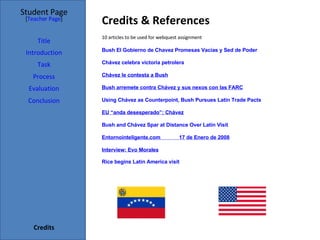 Credits & References Student Page Title Introduction Task Process Evaluation Conclusion Credits [ Teacher Page ] 10 articles to be used for webquest assignment Bush El Gobierno de Chavez Promesas Vacias y Sed de Poder   Chávez celebra victoria petrolera Chávez le contesta a Bush Bush arremete contra Chávez y sus nexos con las FARC   Using Chávez as Counterpoint, Bush Pursues Latin Trade  Pacts EU “anda desesperado”: Chávez Bush and Chávez Spar at Distance Over Latin  Visit Entornointeligente.com             17 de Enero de 2008   Interview: Evo  Morales Rice begins Latin America visit 