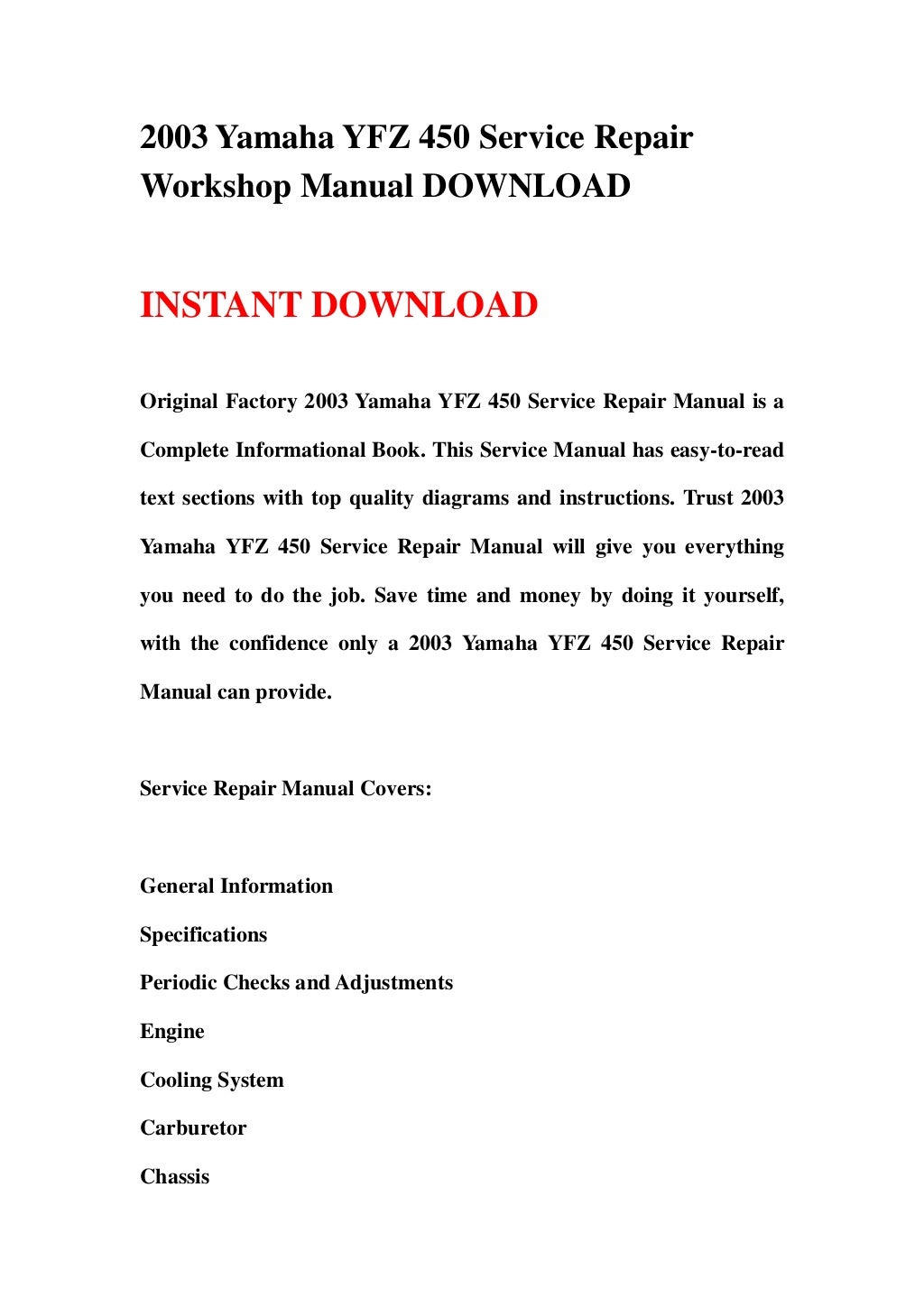 2003 yamaha yfz 450 service repair workshop manual download