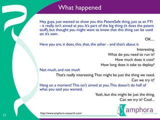 What happened
     Hey guys, just wanted to show you this PatentSafe thing, just as an FYI
     - it really isn’t aimed at you. It’s part of the big thing (it does the patent
     stuff), but thought you might want to know that this thing can be used
     on it’s own.
                                                                              OK....
     Here you are, it does, this, that, the other - and that’s about it
                                                                         Interesting.
                                                     What do you need to run it?
                                                          How much does it cost?
                                                How long does it take to deploy?
     Not much, and not much
                  That’s really interesting. That might be just the thing we need.
                                                                      Can we try it?
     Hang on a moment! This isn’t aimed at you. This doesn’t do half of
     what you said you wanted.
                                             Yeah, but this might be just the thing.
                                                             Can we try it? Cool...


     http://www.amphora-research.com/
12
 
