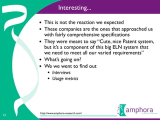 Interesting...

     • This is not the reaction we expected
     • These companies are the ones that approached us
         with fairly comprehensive speciﬁcations
     •   They were meant to say “Cute, nice Patent system,
         but it’s a component of this big ELN system that
         we need to meet all our varied requirements”
     •   What’s going on?
     •   We we went to ﬁnd out
          • Interviews
          • Usage metrics




     http://www.amphora-research.com/
13
 