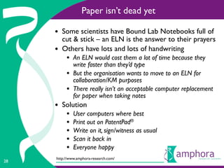 Paper isn’t dead yet

     • Some scientists have Bound Lab Notebooks full of
         cut & stick – an ELN is the answer to their prayers
     •   Others have lots and lots of handwriting
          • An ELN would cost them a lot of time because they
              write faster than they’d type
          •   But the organisation wants to move to an ELN for
              collaboration/KM purposes
          •   There really isn’t an acceptable computer replacement
              for paper when taking notes
     • Solution
          •   User computers where best
          •   Print out on PatentPad®
          •   Write on it, sign/witness as usual
          •   Scan it back in
          •   Everyone happy
     http://www.amphora-research.com/
28
 