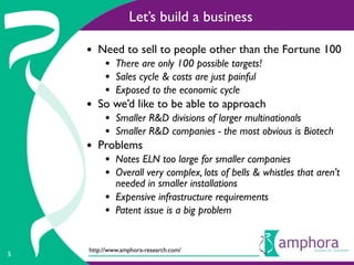 Let’s build a business

    • Need to sell to people other than the Fortune 100
         • There are only 100 possible targets!
         • Sales cycle & costs are just painful
         • Exposed to the economic cycle
    • So we’d like to be able to approach
         • Smaller R&D divisions of larger multinationals
         • Smaller R&D companies - the most obvious is Biotech
    • Problems
         • Notes ELN too large for smaller companies
         • Overall very complex, lots of bells & whistles that aren't
             needed in smaller installations
         •   Expensive infrastructure requirements
         •   Patent issue is a big problem


    http://www.amphora-research.com/
5
 