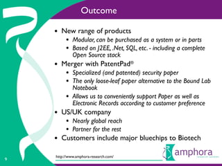 Outcome

    • New range of products
         • Modular, can be purchased as a system or in parts
         • Based on J2EE, .Net, SQL, etc. - including a complete
             Open Source stack
    • Merger with PatentPad®
         • Specialized (and patented) security paper
         • The only loose-leaf paper alternative to the Bound Lab
             Notebook
         •   Allows us to conveniently support Paper as well as
             Electronic Records according to customer preference
    • US/UK company
         • Nearly global reach
         • Partner for the rest
    • Customers include major bluechips to Biotech
    http://www.amphora-research.com/
9
 