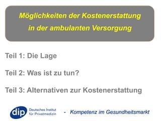 Möglichkeiten der Kostenerstattung 
in der ambulanten Versorgung 
- Kompetenz im Gesundheitsmarkt 
Teil 1: Die Lage 
Teil 2: Was ist zu tun? 
Teil 3: Alternativen zur Kostenerstattung 
 