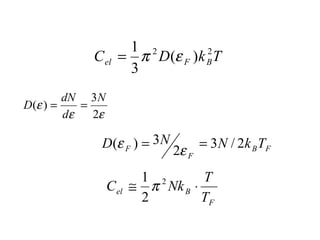 = 1p e
2 ( ) 2
C D k T el F B
3
D = dN =
( ) 3N
e e
e
2
d
F D N 2 3N / 2k T
B F
( ) = 3 = e e
F
C @ 2Nk × T
F
1p
el 2
B T