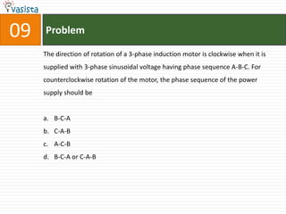 09   Problem

     The direction of rotation of a 3-phase induction motor is clockwise when it is
     supplied with 3-phase sinusoidal voltage having phase sequence A-B-C. For
     counterclockwise rotation of the motor, the phase sequence of the power
     supply should be


     a. B-C-A
     b. C-A-B
     c. A-C-B
     d. B-C-A or C-A-B
 