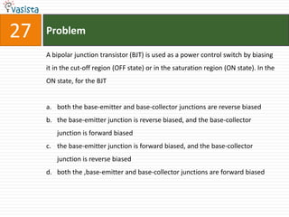 27   Problem

     A bipolar junction transistor (BJT) is used as a power control switch by biasing
     it in the cut-off region (OFF state) or in the saturation region (ON state). In the
     ON state, for the BJT


     a. both the base-emitter and base-collector junctions are reverse biased
     b. the base-emitter junction is reverse biased, and the base-collector
        junction is forward biased
     c. the base-emitter junction is forward biased, and the base-collector
        junction is reverse biased
     d. both the ,base-emitter and base-collector junctions are forward biased
 