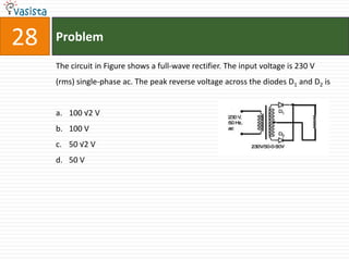 28   Problem

     The circuit in Figure shows a full-wave rectifier. The input voltage is 230 V
     (rms) single-phase ac. The peak reverse voltage across the diodes D1 and D2 is


     a. 100 √2 V
     b. 100 V
     c. 50 √2 V
     d. 50 V
 
