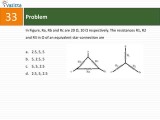 33   Problem

     In Figure, Ra, Rb and Rc are 20 Ω, 10 Ω respectively. The resistances R1, R2
     and R3 in Ω of an equivalent star-connection are


     a. 2.5, 5, 5
     b. 5, 2.5, 5
     c. 5, 5, 2.5
     d. 2.5, 5, 2.5
 