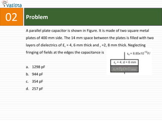 02   Problem

     A parallel plate capacitor is shown in Figure. It is made of two square metal
     plates of 400 mm side. The 14 mm space between the plates is filled with two
     layers of dielectrics of £r = 4, 6 mm thick and r =2, 8 mm thick. Neglecting
     fringing of fields at the edges the capacitance is


     a. 1298 pF
     b. 944 pF
     c. 354 pF
     d. 257 pF
 