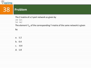 38   Problem

     The Z matrix of a 2-port network as given by
     0.9 0.2
     0.2 0.6

     The element Y22 of the corresponding Y matrix of the same network is given
     by


     a. 1.2
     b. 0.4
     c. -0.4
     d. 1.8
 