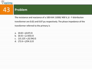 43   Problem

     The resistance and reactance of a 100 kVA 11000/ 400 V, Δ - Y distribution
     transformer are 0.02 and 0.07 pu respectively. The phase impedance of the
     transformer referred to the primary is


     a.   (0.02 + j0.07) Ω
     b.   (0.55 + j1.925) Ω
     c.   (15.125 + j52.94) Ω
     d.   (72.6 + j254.1) Ω
 