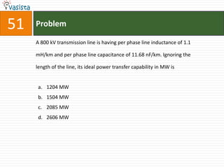 51   Problem

     A 800 kV transmission line is having per phase line inductance of 1.1

     mH/km and per phase line capacitance of 11.68 nF/km. Ignoring the

     length of the line, its ideal power transfer capability in MW is


      a. 1204 MW
      b. 1504 MW
      c. 2085 MW
      d. 2606 MW
 