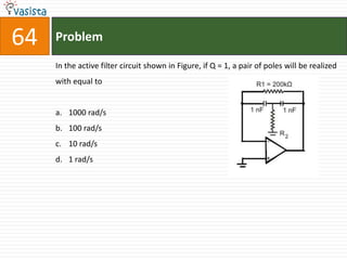 64   Problem

     In the active filter circuit shown in Figure, if Q = 1, a pair of poles will be realized
     with equal to


     a. 1000 rad/s
     b. 100 rad/s
     c. 10 rad/s
     d. 1 rad/s
 