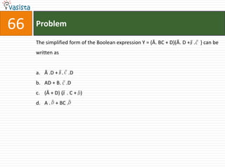 66   Problem

     The simplified form of the Boolean expression Y = (Ā. BC + D)(Ā. D +B . C } can be
     written as


     a. Ā .D + B . C .D
     b. AD + B. C .D
     c. (Ā + D) (B . C + D )
     d. A . D + BC .D
 