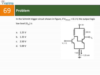 69   Problem

     In the Schmitt trigger circuit shown in Figure, if VCE(sat) = 0.1 V, the output logic
     low level (VOL) IS


     a. 1.25 V
     b. 1.35 V
     c. 2.50 V
     d. 5.00 V
 