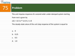 75   Problem

     The unit impulse response of a second order under-damped system starting
     from rest is given by
     c(t) = 12.5 e-6t sin 8 t, t ≥ 0
     The steady-state value of the unit step response of the system is equal to


     a. 0
     b. 0.25
     c. 0.5
     d. 1.0
 