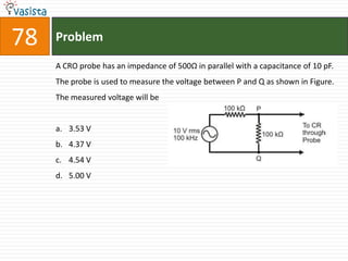 78   Problem

     A CRO probe has an impedance of 500Ω in parallel with a capacitance of 10 pF.
     The probe is used to measure the voltage between P and Q as shown in Figure.
     The measured voltage will be


     a. 3.53 V
     b. 4.37 V
     c. 4.54 V
     d. 5.00 V
 