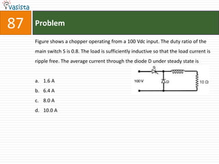 87   Problem

     Figure shows a chopper operating from a 100 Vdc input. The duty ratio of the
     main switch S is 0.8. The load is sufficiently inductive so that the load current is
     ripple free. The average current through the diode D under steady state is


     a. 1.6 A
     b. 6.4 A
     c. 8.0 A
     d. 10.0 A
 