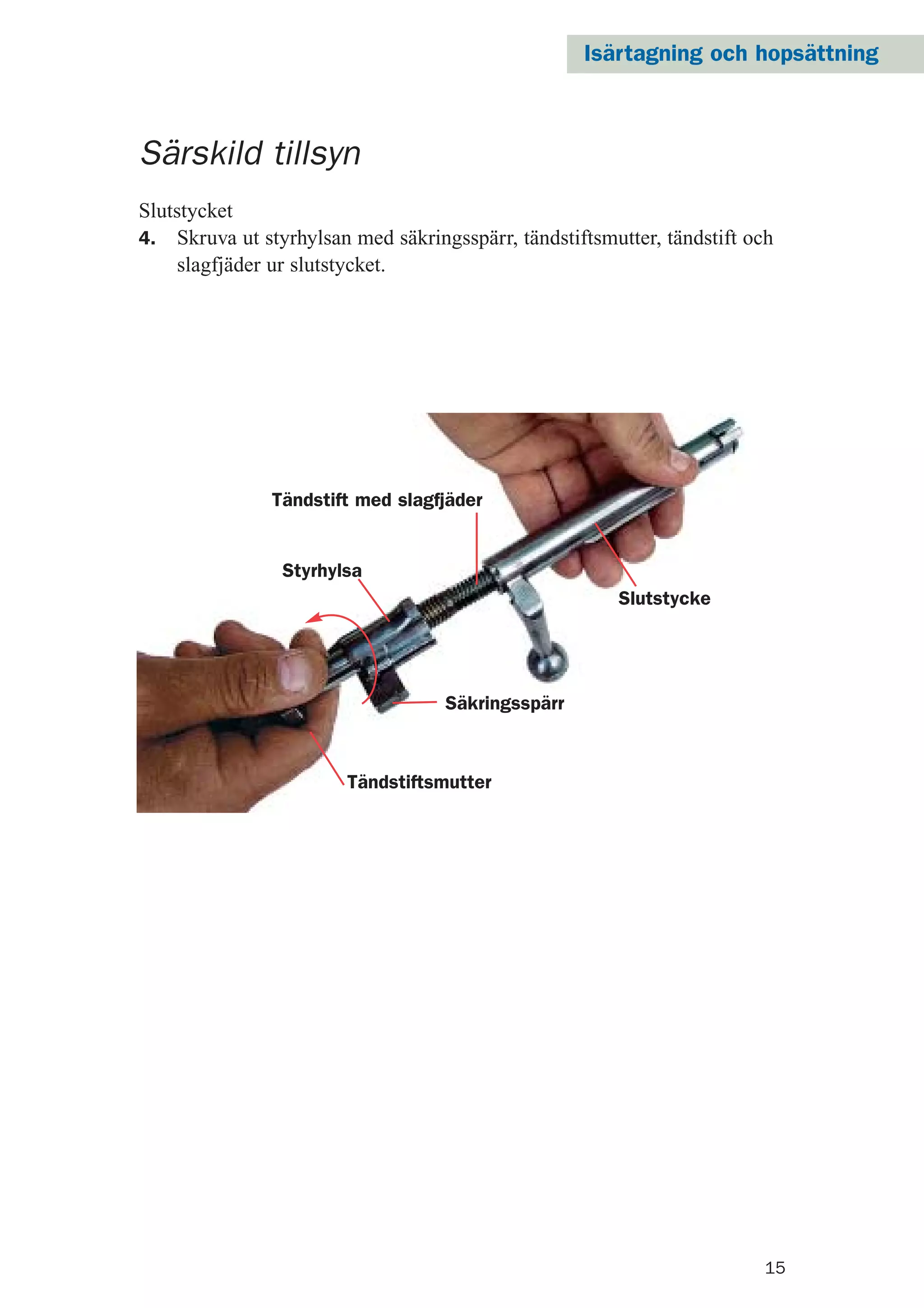 Isärtagning och hopsättning
15
Särskild tillsyn
Slutstycket
4. Skruva ut styrhylsan med säkringsspärr, tändstiftsmutter, tändstift och
slagfjäder ur slutstycket.
Styrhylsa
Slutstycke
Tändstiftsmutter
Säkringsspärr
Tändstift med slagfjäder
 