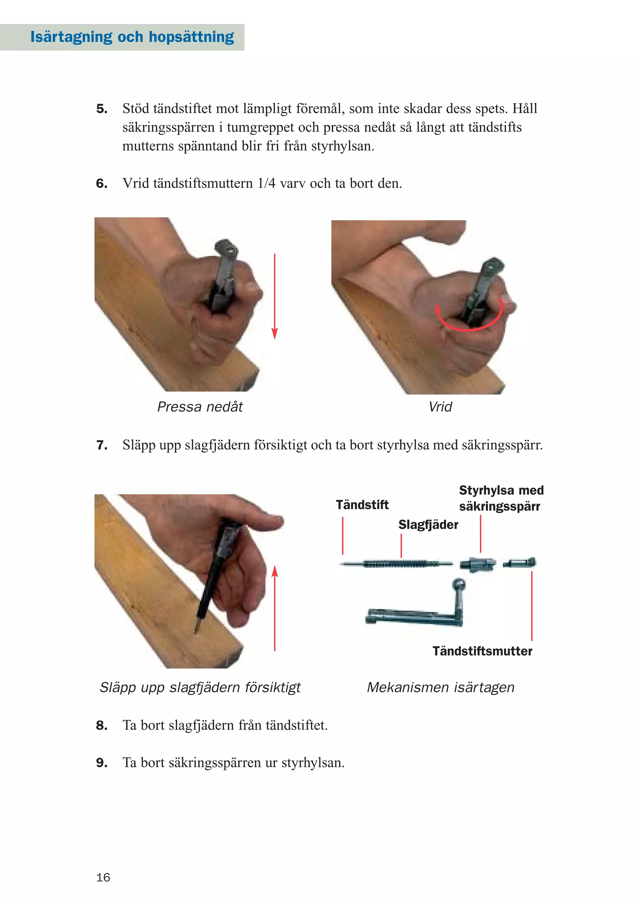16
5. Stöd tändstiftet mot lämpligt föremål, som inte skadar dess spets. Håll
säkringsspärren i tumgreppet och pressa nedåt så långt att tändstifts
mutterns spänntand blir fri från styrhylsan.
6. Vrid tändstiftsmuttern 1/4 varv och ta bort den.
Pressa nedåt
Släpp upp slagfjädern försiktigt
Vrid
7. Släpp upp slagfjädern försiktigt och ta bort styrhylsa med säkringsspärr.
8. Ta bort slagfjädern från tändstiftet.
9. Ta bort säkringsspärren ur styrhylsan.
Mekanismen isärtagen
Styrhylsa med
säkringsspärr
Tändstiftsmutter
Slagfjäder
Tändstift
Isärtagning och hopsättning
 