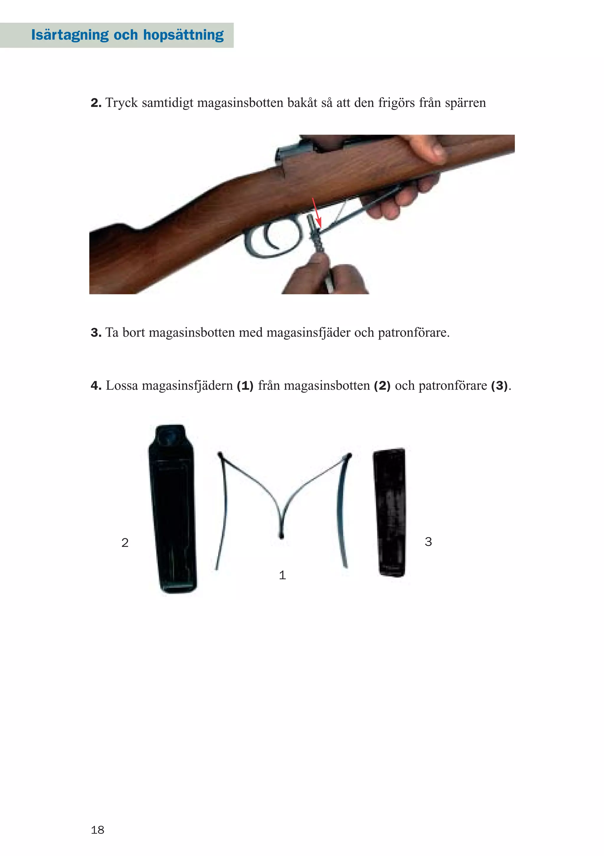 18
4. Lossa magasinsfjädern (1) från magasinsbotten (2) och patronförare (3).
1
2 3
2. Tryck samtidigt magasinsbotten bakåt så att den frigörs från spärren
3. Ta bort magasinsbotten med magasinsfjäder och patronförare.
Isärtagning och hopsättning
 