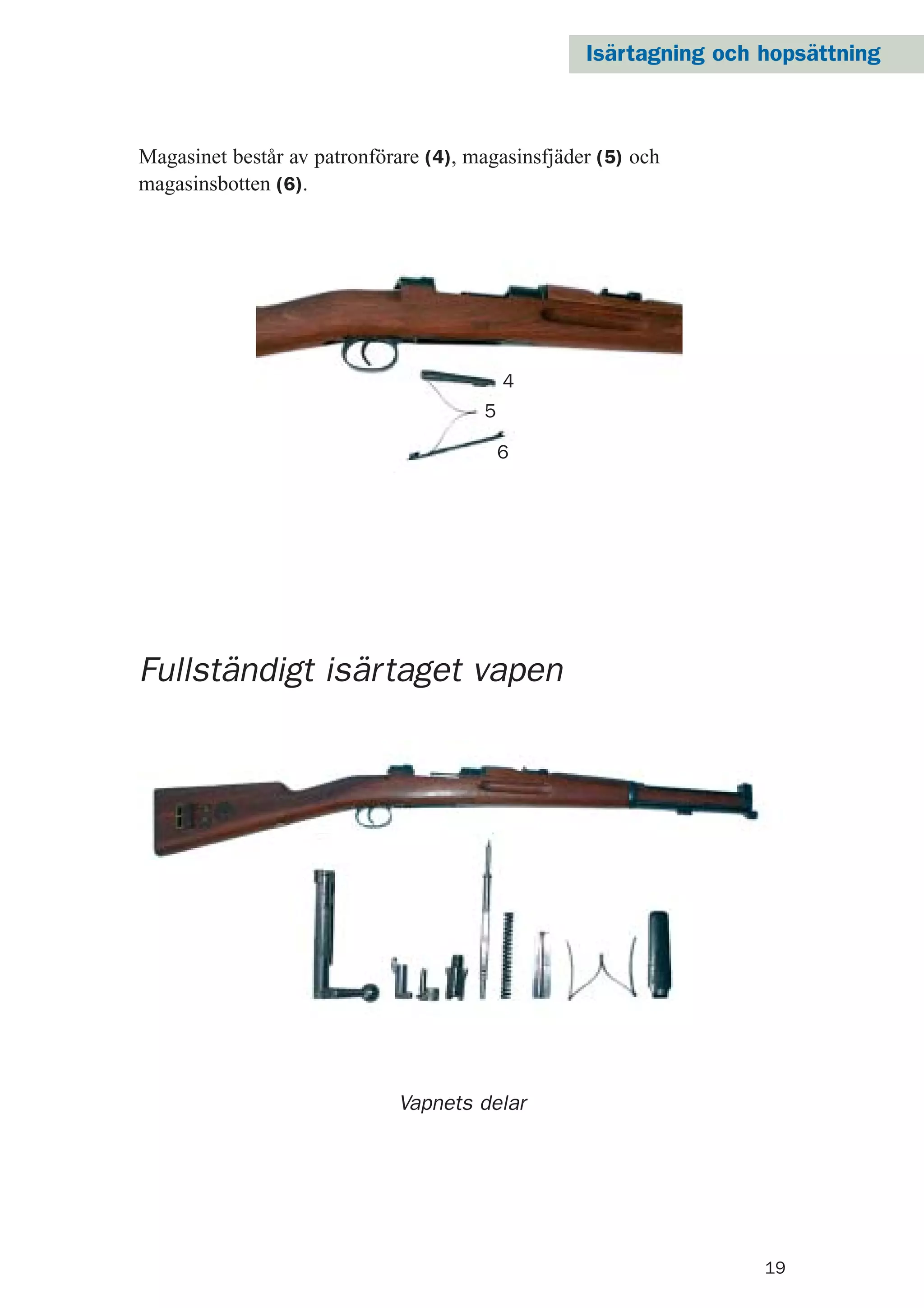 19
Vapnets delar
Fullständigt isärtaget vapen
Magasinet består av patronförare (4), magasinsfjäder (5) och
magasinsbotten (6).
4
5
6
Isärtagning och hopsättning
 