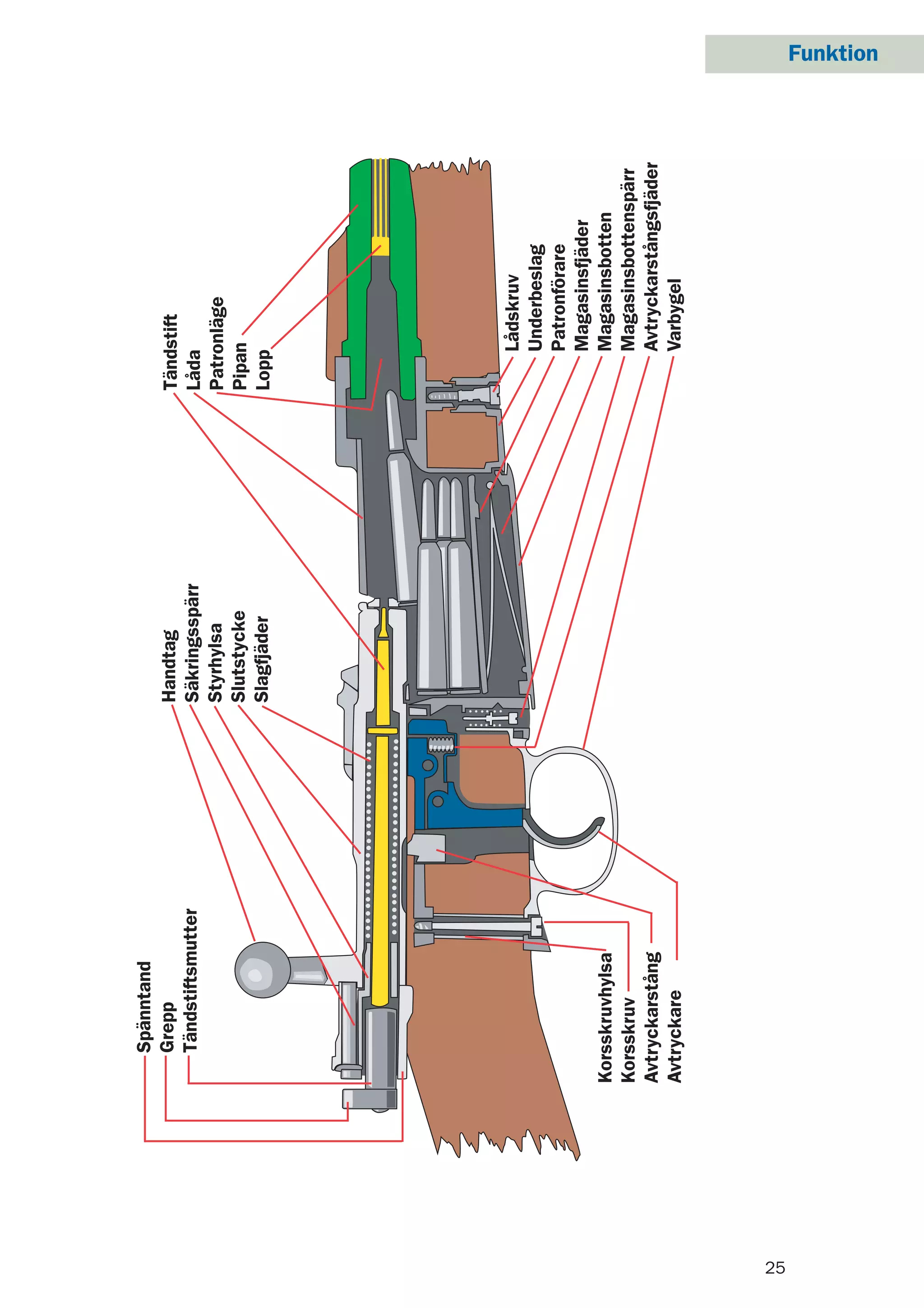 Funktion
25
martinpictures
0
Spänntand
Grepp
Tändstiftsmutter
Handtag
Säkringsspärr
Styrhylsa
Slutstycke
Slagfjäder
Tändstift
Låda
Patronläge
Pipan
Lopp
Lådskruv
Underbeslag
Patronförare
Magasinsfjäder
Magasinsbotten
Magasinsbottenspärr
Avtryckarstångsfjäder
Varbygel
Korsskruvhylsa
Korsskruv
Avtryckarstång
Avtryckare
 