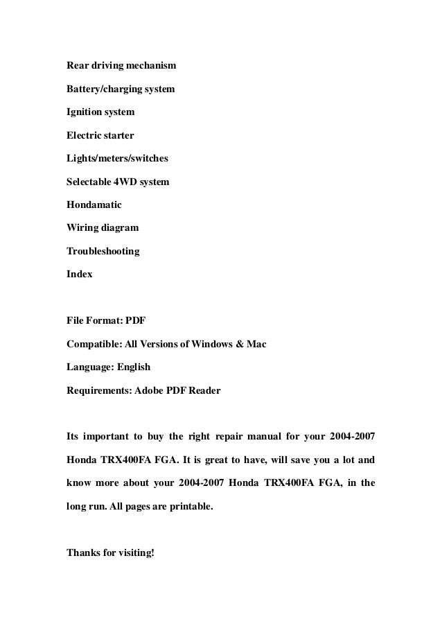 2004-2007 Honda TRX400FA FGA Service Repair Workshop Manual DOWNLOAD