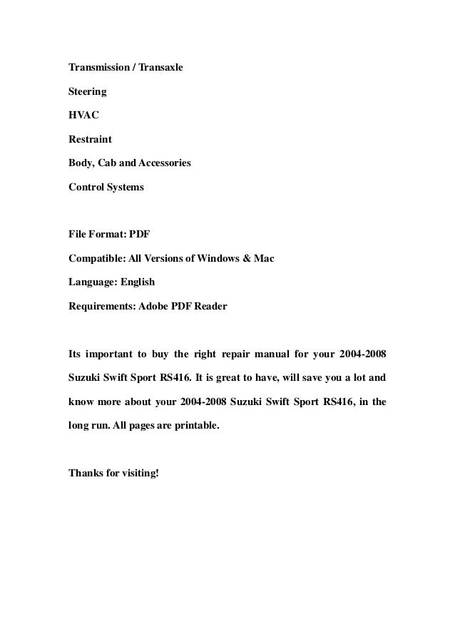 04 08 Suzuki Swift Sport Rs416 Service Repair Workshop Manual Dow