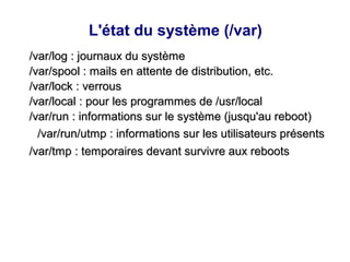 L'état du système (/var)
/var/log : journaux du système
/var/log : journaux du système
/var/spool : mails en attente de distribution, etc.
/var/spool : mails en attente de distribution, etc.
/var/lock : verrous
/var/lock : verrous
/var/local : pour les programmes de /usr/local
/var/local : pour les programmes de /usr/local
/var/run : informations sur le système (jusqu'au reboot)
/var/run : informations sur le système (jusqu'au reboot)
/var/run/utmp : informations sur les utilisateurs présents
/var/run/utmp : informations sur les utilisateurs présents
/var/tmp : temporaires devant survivre aux reboots
/var/tmp : temporaires devant survivre aux reboots
 