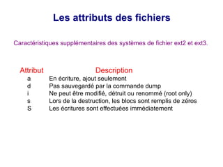 Les attributs des fichiers
Caractéristiques supplémentaires des systèmes de fichier ext2 et ext3.
Attribut Description
a En écriture, ajout seulement
d Pas sauvegardé par la commande dump
i Ne peut être modifié, détruit ou renommé (root only)
s Lors de la destruction, les blocs sont remplis de zéros
S Les écritures sont effectuées immédiatement
 