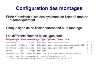 Configuration des montages
Fichier /etc/fstab : liste des systèmes de fichier à monter
Fichier /etc/fstab : liste des systèmes de fichier à monter
automatiquement.
automatiquement.
Chaque ligne de ce fichier correspond à un montage.
Chaque ligne de ce fichier correspond à un montage.
Les différents champs d’une ligne sont :
Les différents champs d’une ligne sont :
Périphérique Point de montage Type Options Dump fsck
/dev/hda5 / ext3 defaults,errors=remount-ro 0 1
/dev/fd0 /floppy vfat defaults,user,noauto,showexec,umask=022 0 0
/dev/fd0 /floppy vfat defaults,user,noauto,showexec,umask=022 0 0
/dev/sda /mnt/usb auto noauto,users,sync,codepage=850 0 0
/dev/sda /mnt/usb auto noauto,users,sync,codepage=850 0 0
sysfs /sys sysfs defaults 0 0
sysfs /sys sysfs defaults 0 0
/dev/cdrom /mnt/cdrom iso9660 defaults,ro,user,noexec,noauto 0 0
/dev/cdrom /mnt/cdrom iso9660 defaults,ro,user,noexec,noauto 0 0
nfs-id.imag.fr:/e3/mquinson /mnt/nfs/mquinson nfs
nfs-id.imag.fr:/e3/mquinson /mnt/nfs/mquinson nfs
noauto,user,nosuid,rw,soft,nolock,nosuid,noroot 0 0
noauto,user,nosuid,rw,soft,nolock,nosuid,noroot 0 0
 